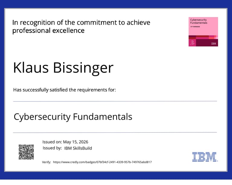 Teiklnahmezertifikat an Weitrbildungskurs Cybersecurity fundemantels von ibm skillsBuid