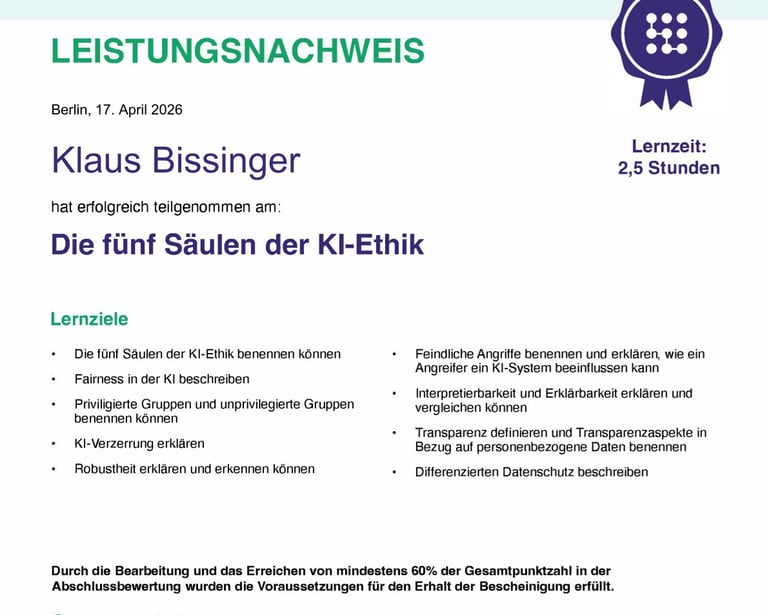 Liestungsnachweis an Wieterbildungskurs zu Die fünf Säulen der KI-Ethik