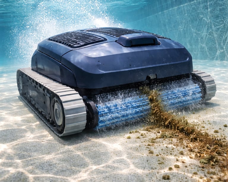 Automatic robotic pool cleaner scrubbing debris and algae from a swimming pool floor underwater.