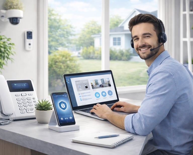 Customer support representative wearing a headset working at a desk with home security devices.