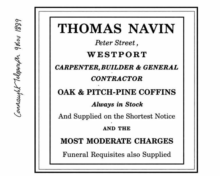 Vintage 1889 newspaper advertisement for Thomas Navin, a carpenter and coffin builder in Westport.
