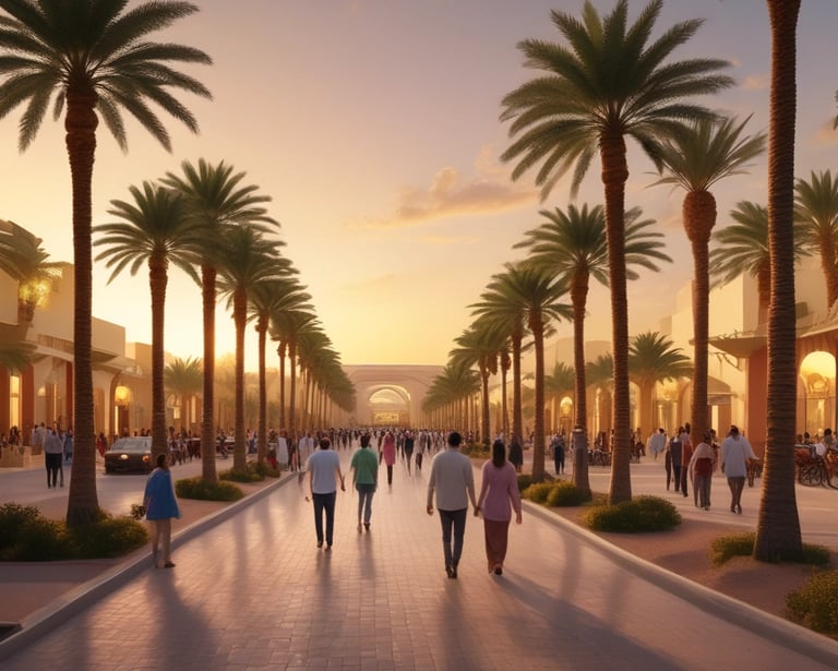A vibrant street scene in Riyadh showing tourists enjoying a guided walking tour near historical sites.