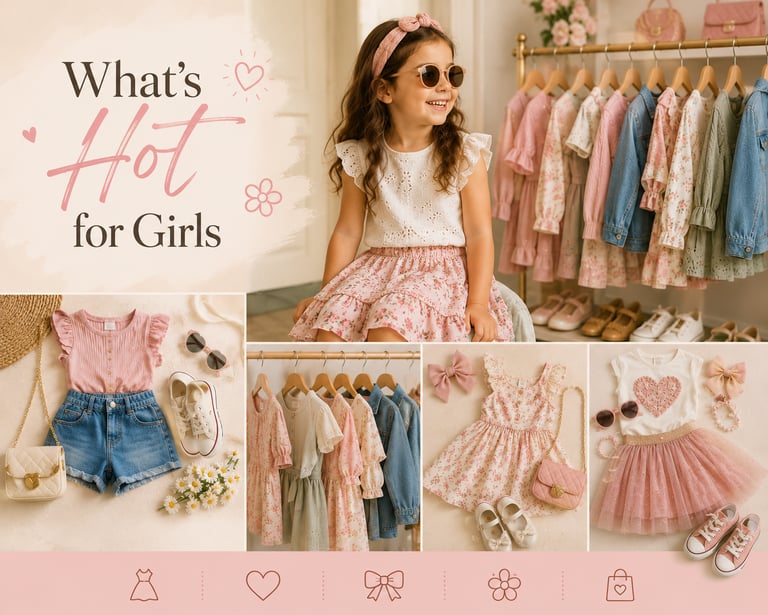 Stylish collection of trendy girls' summer clothing, dresses, and denim outfits with a young girl model.