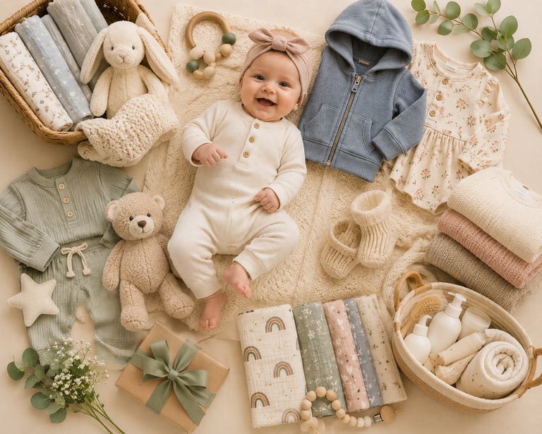 Smiling baby lying among neutral baby clothes, plush toys, and organic cotton swaddles.