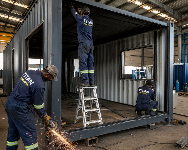 Industrial workers fabricating and welding a custom steel shipping container in a workshop.