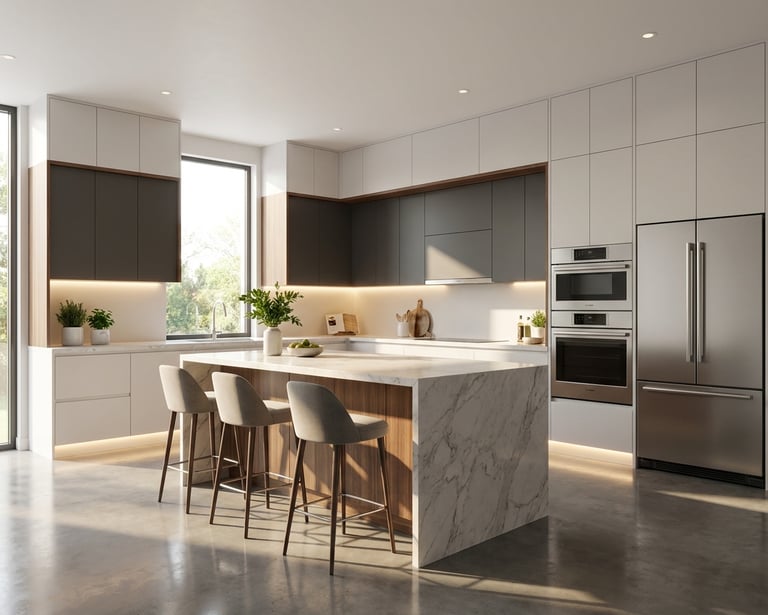 Modern luxury kitchen featuring a marble waterfall island with bar stools and stainless steel appliances.
