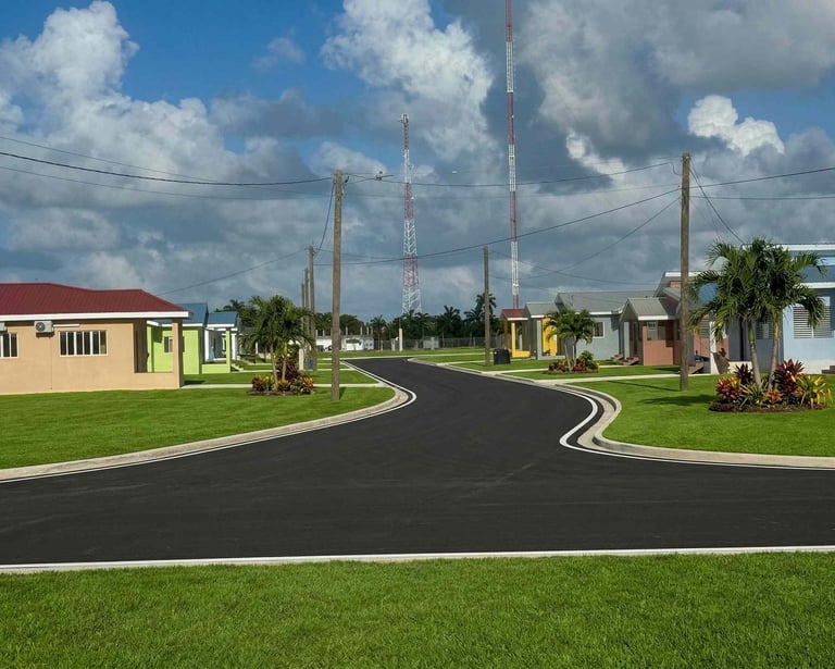 A row of colorful modern suburban homes with green lawns along a paved street in a tropical neighborhood.