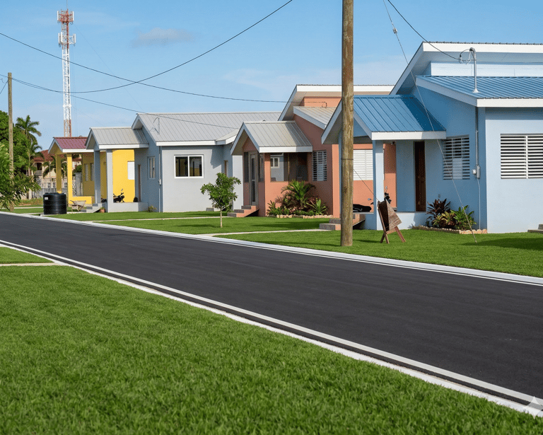 A row of modern, colorful suburban houses with paved roads and green lawns in a new residential development.