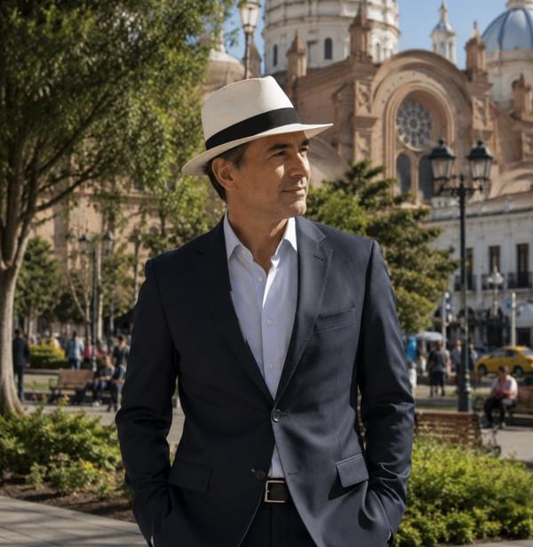Señor en el parque de Cuenca usando un sombrero de paja toquilla