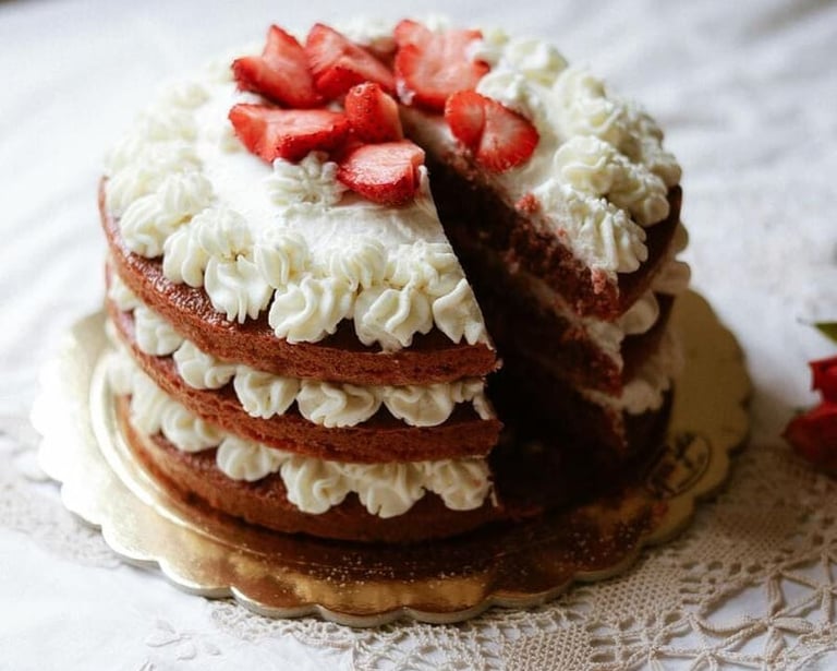 Torta red velvet de tres pisos, decorada con crema