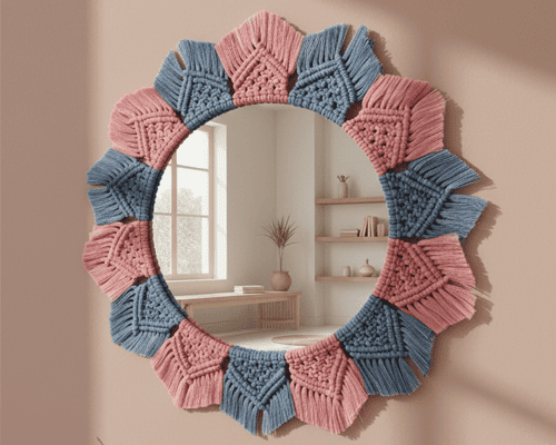 espejo tejido macrame rosa y azul, colgado en pared neutra, tejido por kaalm mx