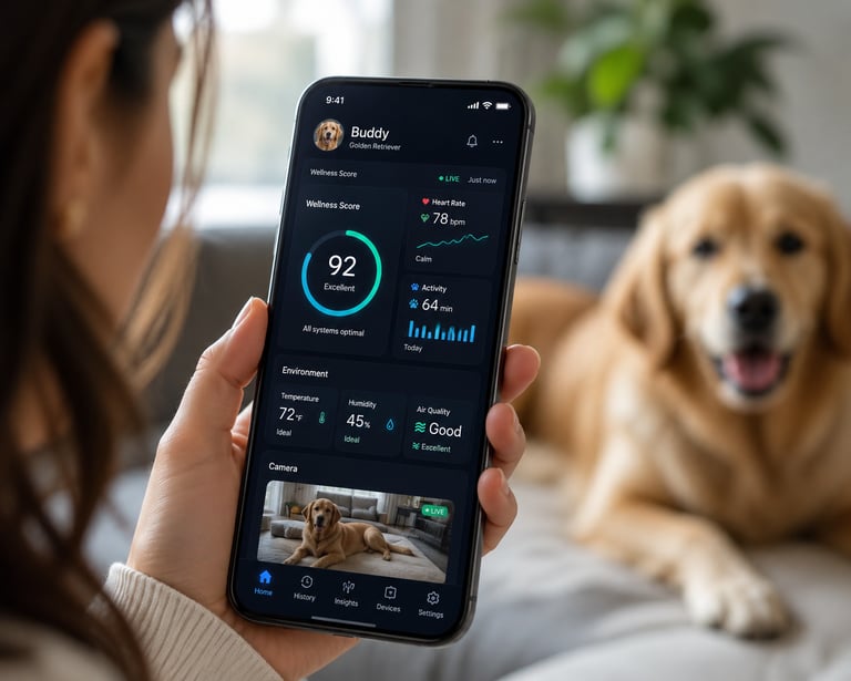A person using a pet health tracker app on a smartphone to monitor their Golden Retriever's heart rate and activity.