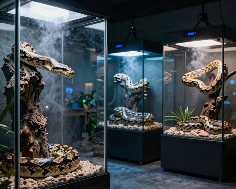 Large python snakes resting on driftwood inside misted glass terrariums with specialized lighting.