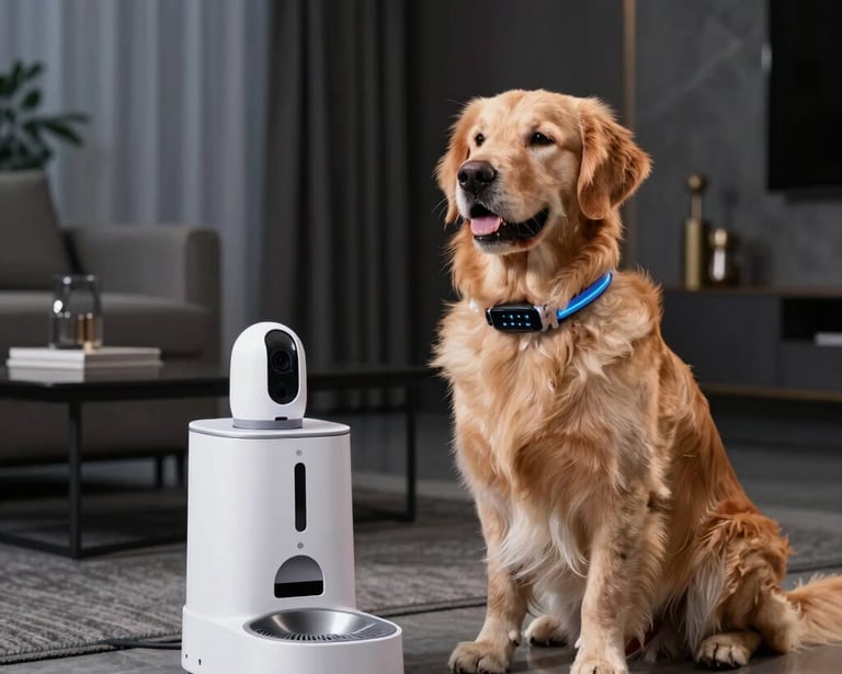 Golden Retriever sitting next to a smart automatic pet feeder with a built-in camera in a modern living room.