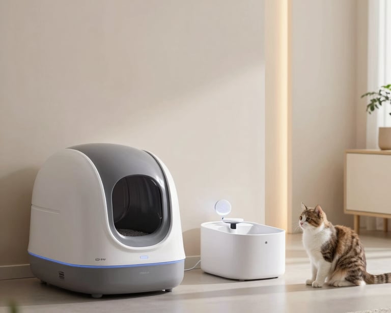 Automatic self-cleaning cat litter box and water fountain with a cat in a modern home.
