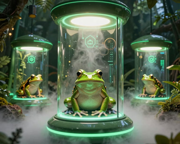 Futuristic green frogs inside glowing glass laboratory capsules in a misty rainforest setting.