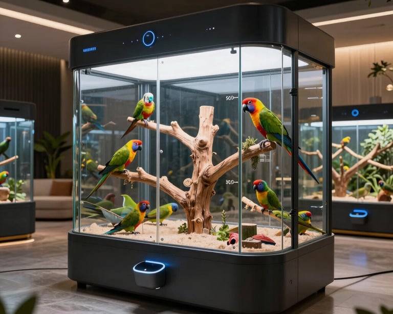 Modern high-tech bird enclosure featuring colorful parrots on a wooden branch inside a glass smart cage.