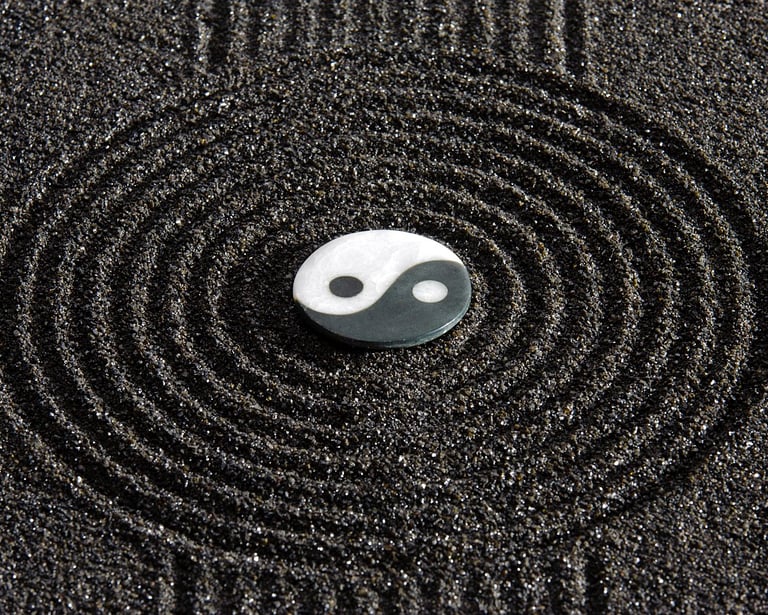 a yin and yang symbol on dark sand in circles