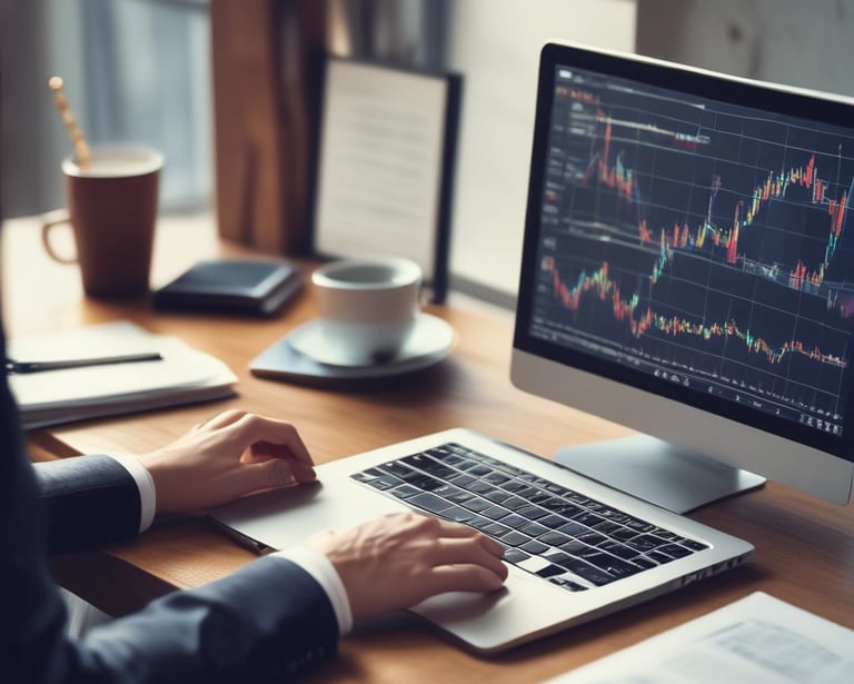 A computer screen displays a detailed financial graph with multiple lines and grids, indicating market trends over time. The background is blurred, giving focus to the graph.