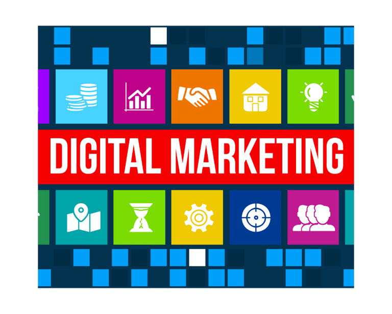 Infographic-style image showing icons for SEO, social media, email campaigns, and analytics