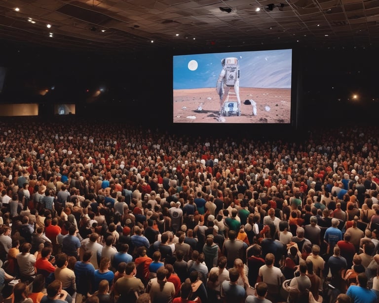 A vibrant movie night scene with a large screen and audience enjoying the show.