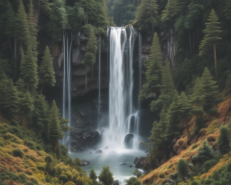 Several rustic wooden cabins are surrounded by trees and a grassy area. The cabins have thatched roofs and are decorated with various buoys and life rings. There is a simple wooden fence in the foreground, and colorful triangular flags are strung between trees.
