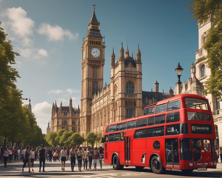 A modern street bus traveling through an urban area with historical architecture. The bus is white with blue accents and has digital signage displaying information. The background shows a classic European-style building with intricate details and a palm tree to the side.