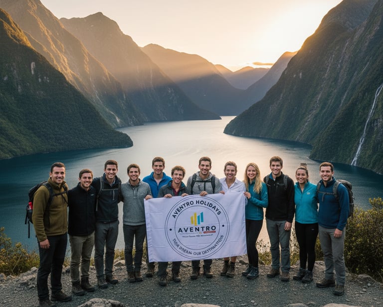 Travelers holding the Aventro Holidays flag amidst the stunning mountains and fjords of New Zealand at sunset.