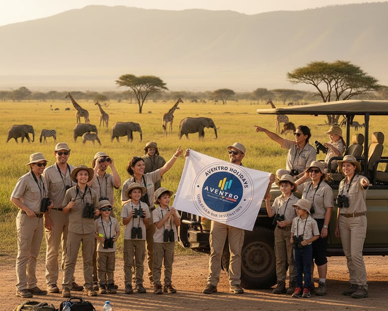 Wildlife safaris Aventro Holidays People enjoying with Guide and 4 by 4 safari vehicle and wild animals around them