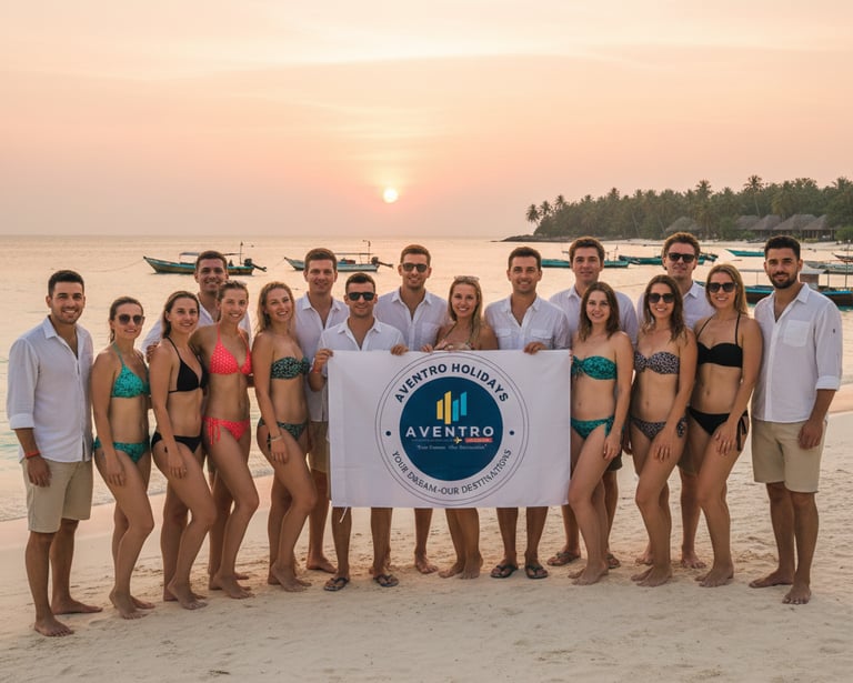 Travelers holding the Aventro Holidays flag on a beautiful beach at sunset.