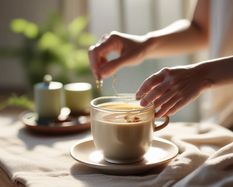Hands stirring a creamy latte in a glass mug on a sunlit wooden table with a cozy morning atmosphere.