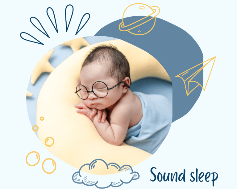 a baby sleeping on a moon shaped pillow