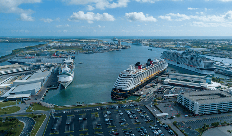 a cruise ship docked in a harbor with a cruise ship in the background