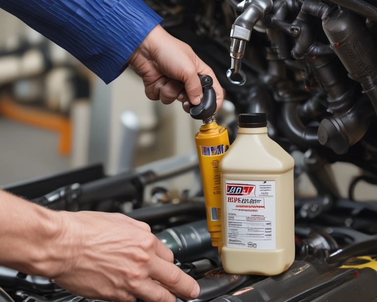 A person wearing a black shirt is actively working on a motorcycle, focusing on a task with determination. The background contains tires stacked in a garage environment.
