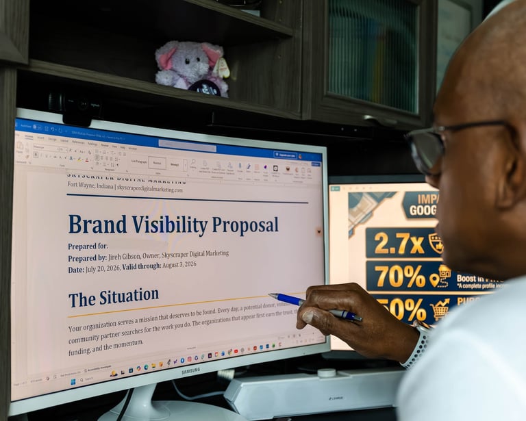 A marketing professional reviewing a digital brand visibility proposal on a computer monitor.