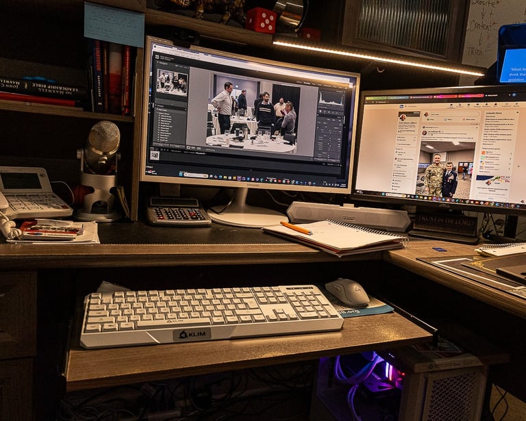 A dual monitor home office setup featuring a white gaming keyboard and professional photo editing software.