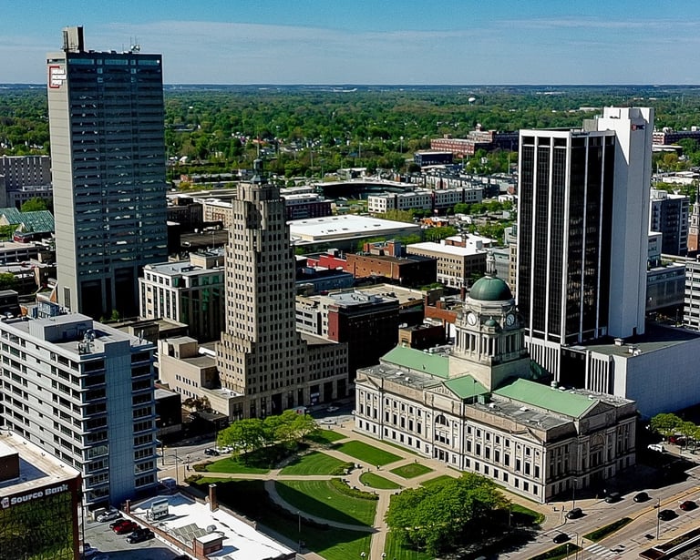 Aerial view of downtown Fort Wayne skyline featuring the Allen County Courthouse and historic skyscrapers.