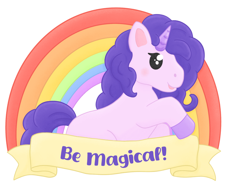 Lavender colour Unicorn with a purple mane, behind them is a rainbow and bellow is a banner