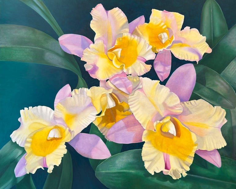 Christine Knize, Yellow and Lavender Orchids, 60"x72", Oil on Canvas, Art Basel Miami Realism