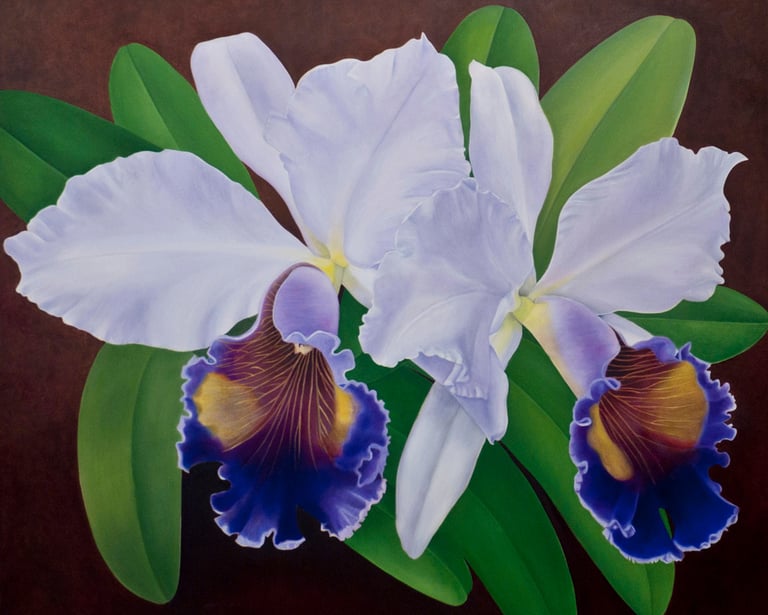 Christine Knize, Double Lavender Orchid, 60"x72", Oil on Canvas, Contemporary Botanical Realism