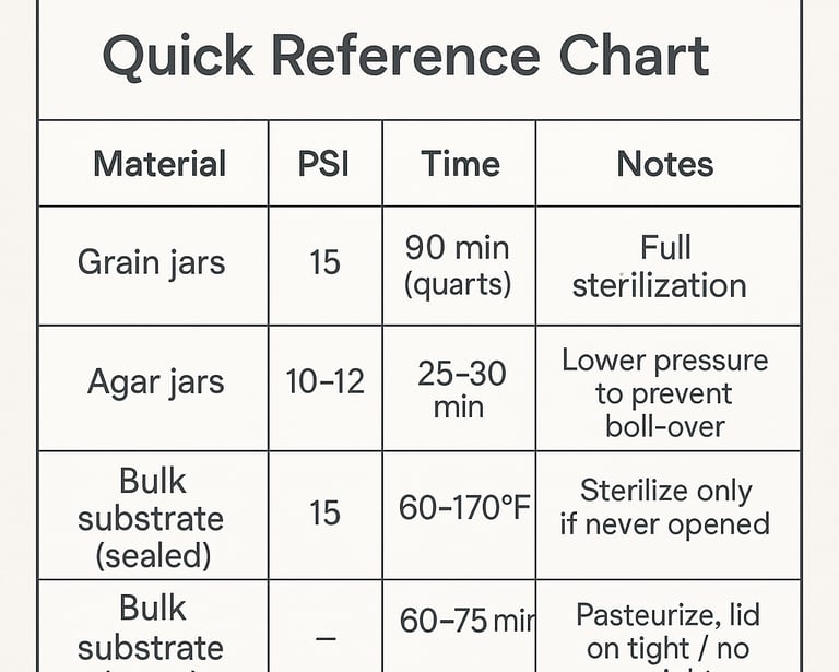 Quick reference chart for mushroom cultivation pressure cooker settings showing materials, PSI, time