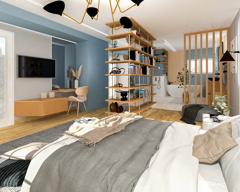 a bedroom with a bed, a couch, and a television