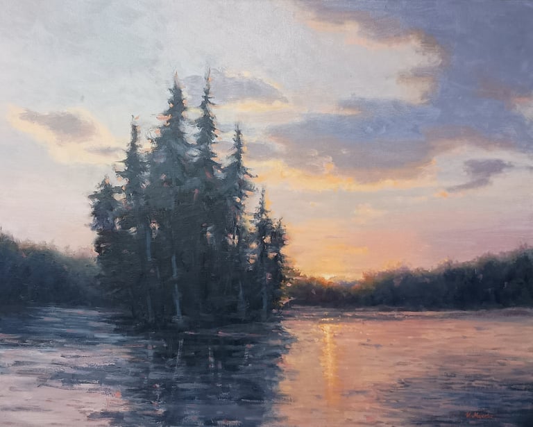Painting Commission, sunset lake landscape painting, hire artist