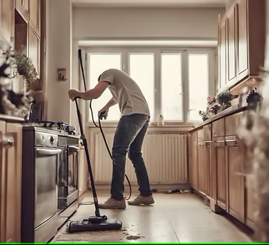 a man cleaning a kitchen floor with a mop