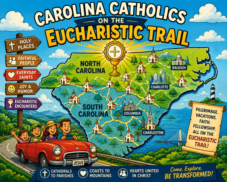Cartoon of family enjoying vacation on the Eucharistic Trail in the Carolinas. Catholic Cool!