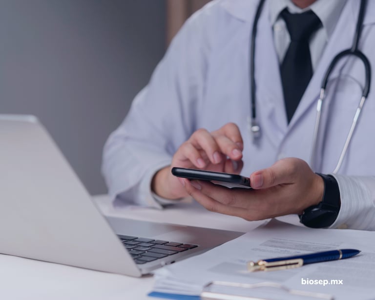 Médico usando laptop y smartphone para gestión clínica digital