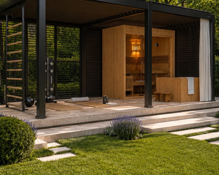 Luxury backyard outdoor gym and sauna room under a modern black pergola on a stone patio.