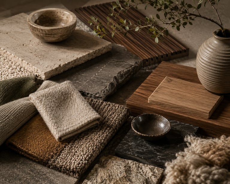 Interior design mood board with earthy stone tiles, wood samples, and textured fabric swatches.
