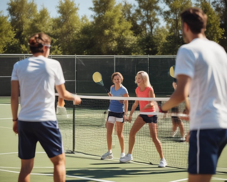 People are playing table tennis in an open area, surrounded by tall trees. There is a large rock formation in the foreground, and several individuals can be seen holding paddles and watching the game.