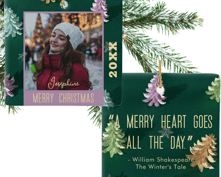Customizable Christmas ornament with a photo, Shakespeare quote, and personalized name